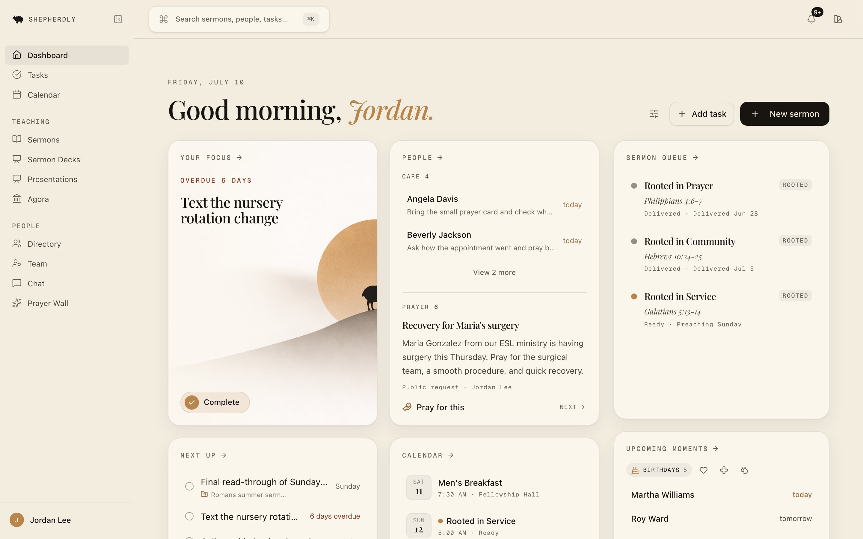 Shepherdly dashboard on a Thursday morning: today's focus, pastoral care, prayer, the sermon queue, and upcoming moments