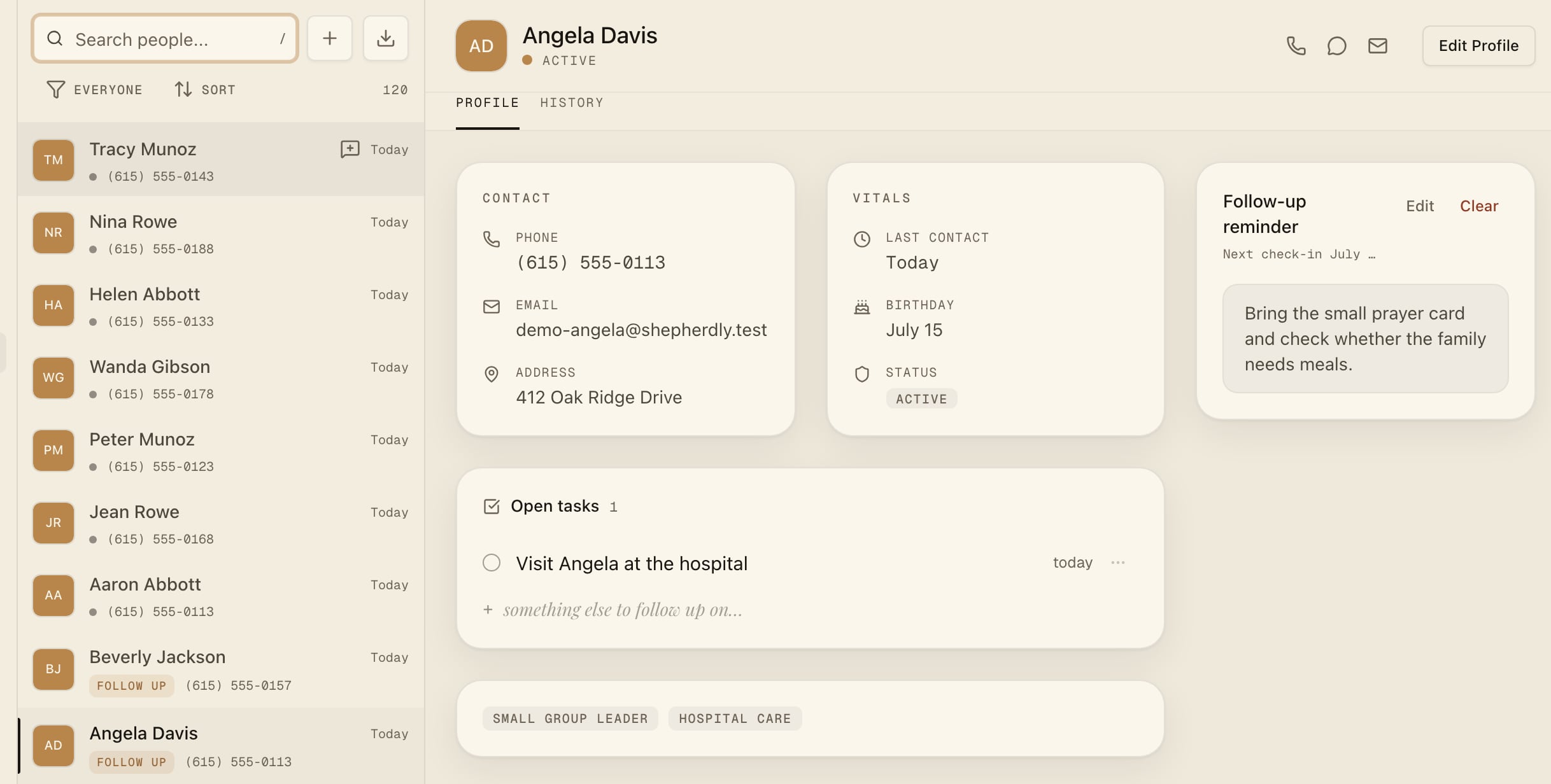 Shepherdly directory: a member profile with contact details, last contact, an open care task, tags, and a follow-up reminder