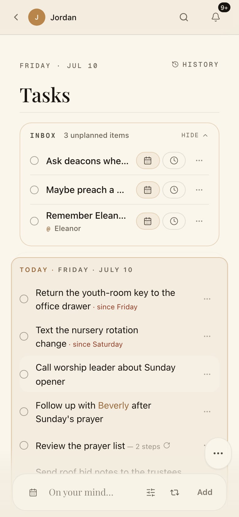 Shepherdly tasks: an inbox of unplanned items and today's ministry work with overdue markers