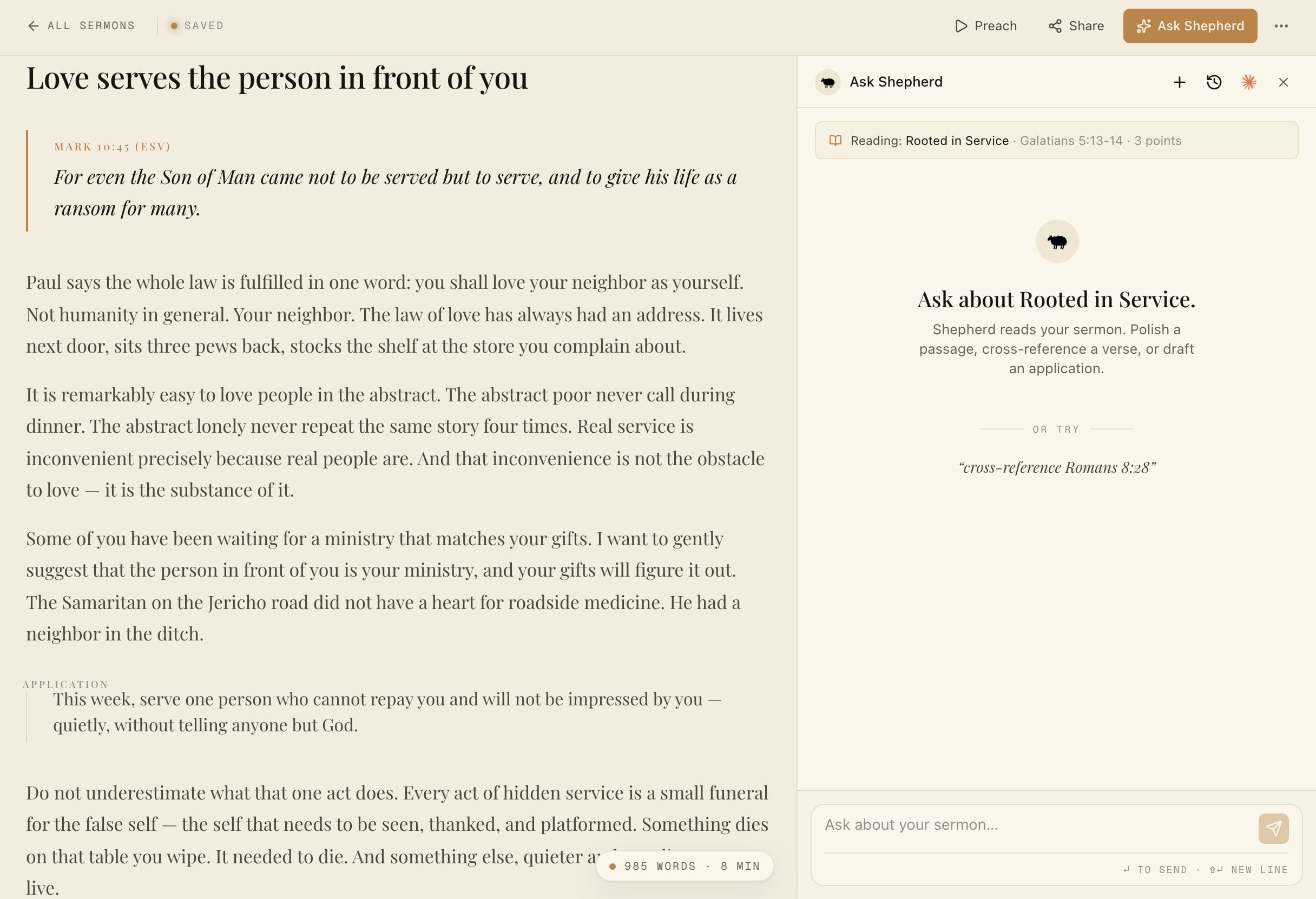 Shepherdly sermon studio: the Rooted in Service manuscript mid-write, with Shepherd reading alongside