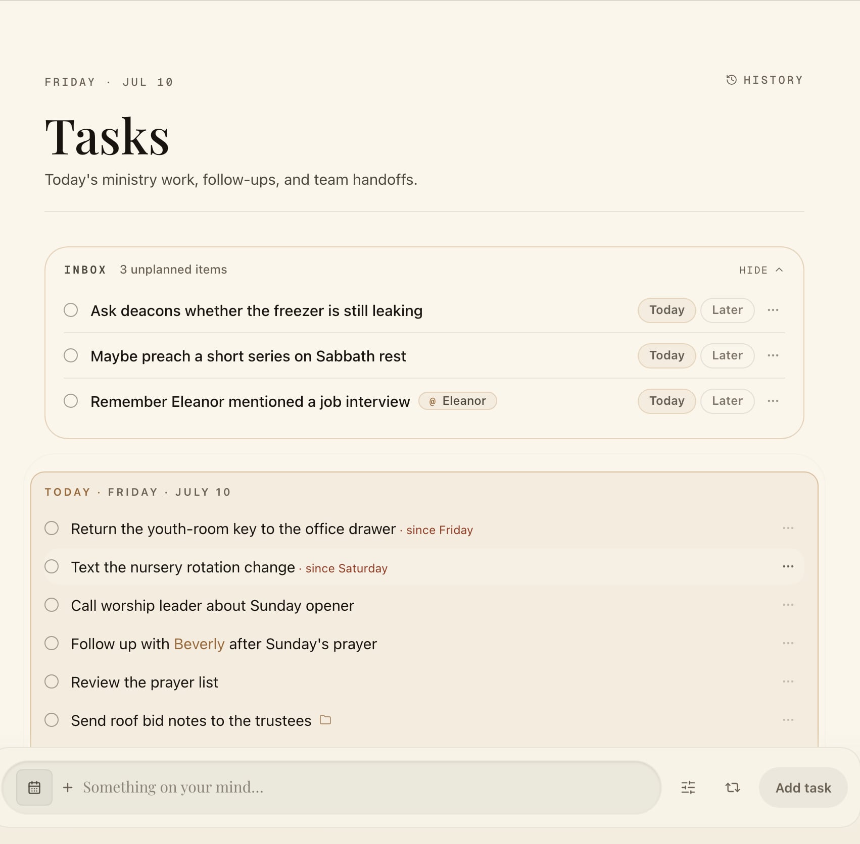 Shepherdly tasks: an inbox of unplanned items and today's ministry work with overdue markers